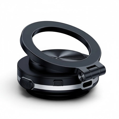 Zerovault PH black alloy 360° rotatable magnetic car phone holder with adjustable ring and electric suction cup.