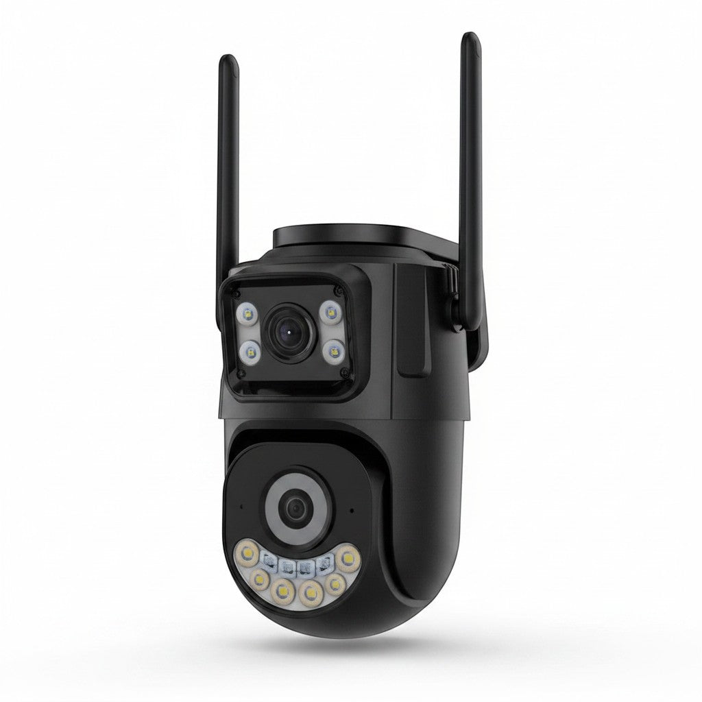 Zerovault PH black outdoor PTZ security camera with dual lenses, auto-tracking, and night vision.
