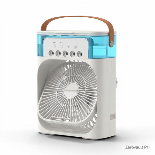 Zerovault PH white portable 3-in-1 air cooler fan with humidifier, 3 speeds, 7 LED lights, and leather handle.