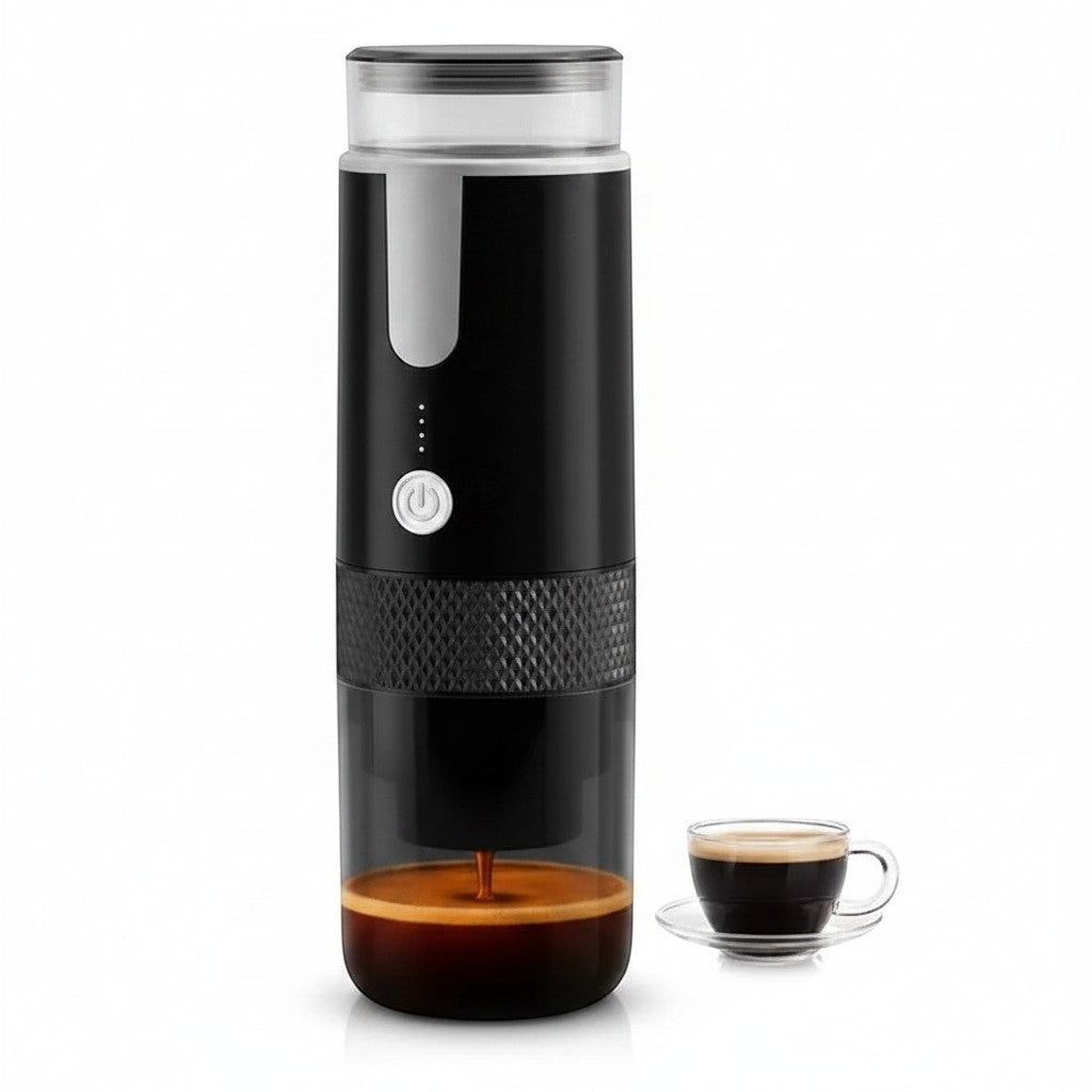 Zerovault PH black portable capsule coffee maker with a clear water tank, brewing espresso into a glass cup.